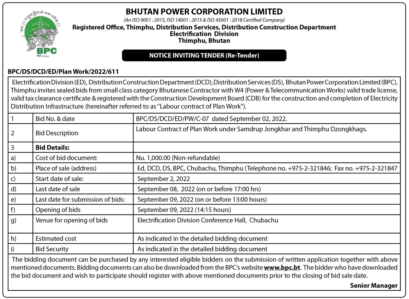 𝐍𝐨𝐭𝐢𝐜𝐞 𝐈𝐧𝐯𝐢𝐭𝐢𝐧𝐠 𝐓𝐞𝐧𝐝𝐞𝐫 (𝐑𝐞 -𝐓𝐞𝐧𝐝𝐞𝐫): Bhutan Power Corporation Limited