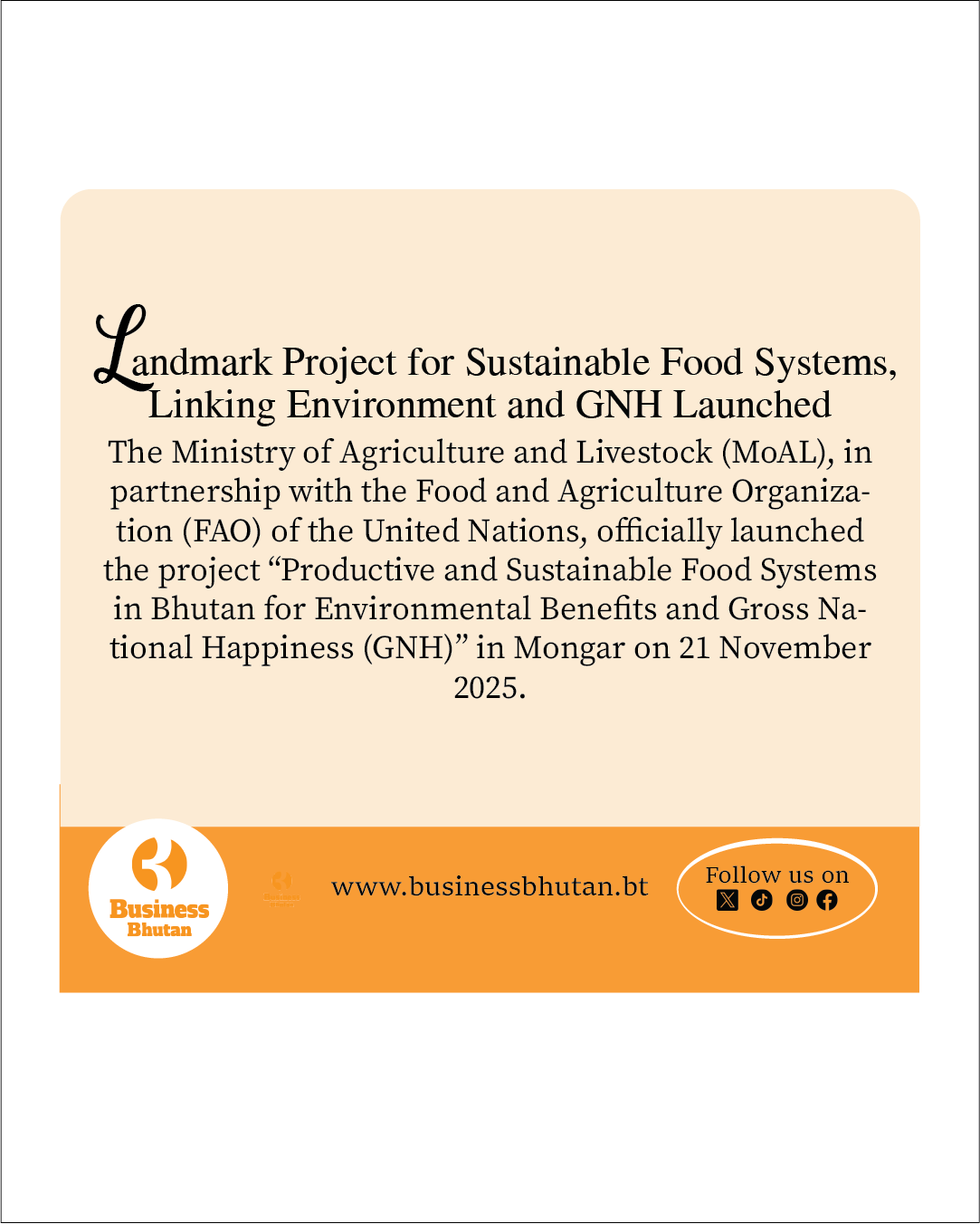 Landmark Project for Sustainable Food Systems, Linking Environment and GNH Launched