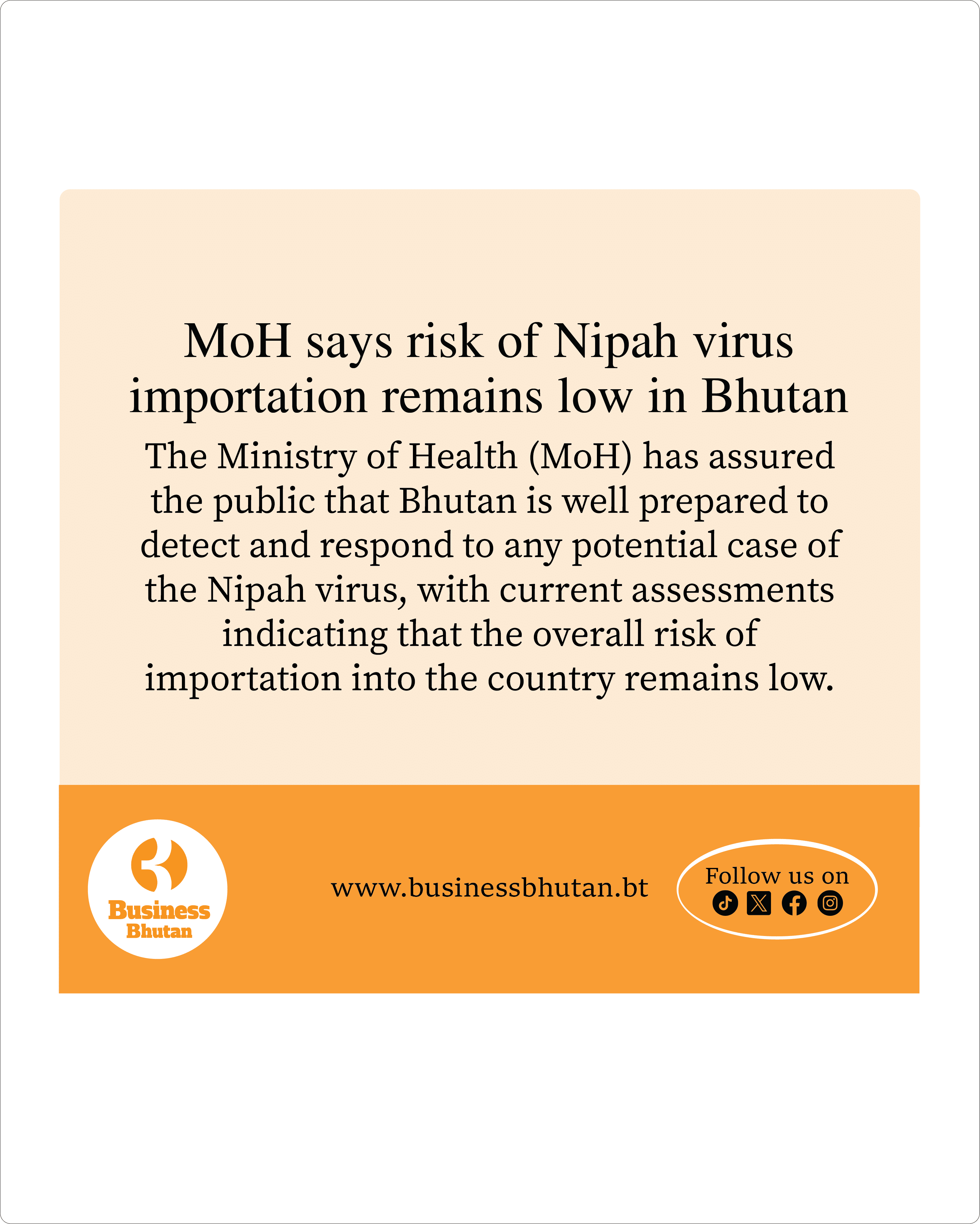 MoH says risk of Nipah virus importation remains low in Bhutan